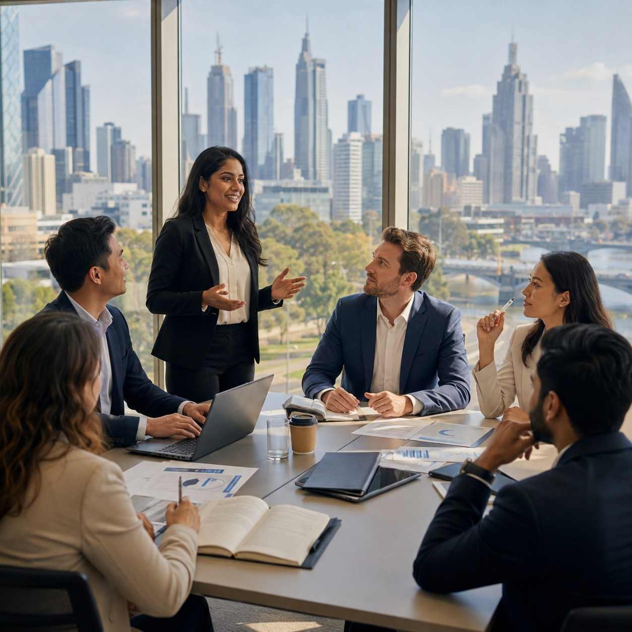 Melbourne MBA students collaborating on a business project in a modern classroom with the Melbourne city skyline in the background.